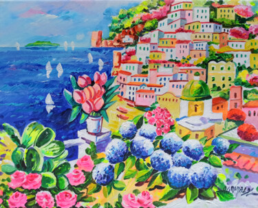 Pittura intitolato "Positano & colorful…" da Alfredo Grimaldi, Opera d'arte originale, Acrilico Montato su Telaio per barell…
