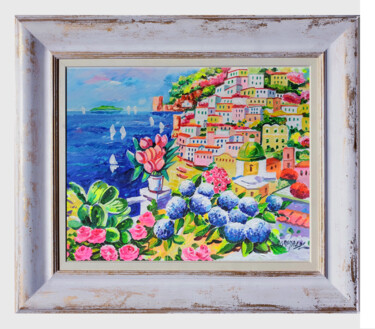 Positano & colorful flowers + handmade frame Malarstwo zatytułowany „Positano & colorful…” autorstwa Alfredo Grimaldi, Oryginalna praca, Akryl Zamontowany na Drewniana r…
