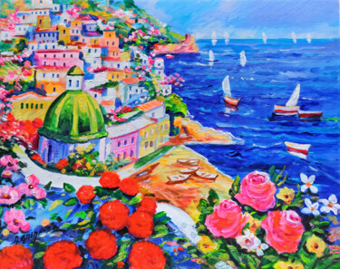 Painting titled "Summer day on Amalf…" by Alfredo Grimaldi, Original Artwork, Acrylic Mounted on Wood Stretcher frame