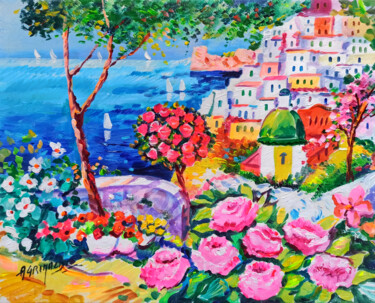 Positano flowery road - Italy Painting titled "Positano flowery ro…" by Alfredo Grimaldi, Original Artwork, Acrylic Mounted on Wood Stretcher frame