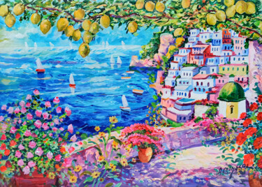 Painting titled "Flowery belvedere i…" by Alfredo Grimaldi, Original Artwork, Oil Mounted on Wood Stretcher frame