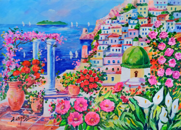 Painting titled "Flowering on the co…" by Alfredo Grimaldi, Original Artwork, Oil Mounted on Wood Stretcher frame