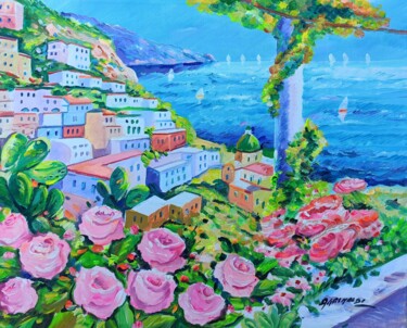 Schilderij getiteld "Amalfi Coast" door Alfredo Grimaldi, Origineel Kunstwerk, Olie Gemonteerd op Andere stijve panelen