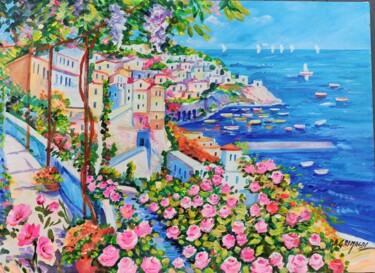 Malarstwo zatytułowany „Positano coast” autorstwa Alfredo Grimaldi, Oryginalna praca, Olej Zamontowany na Drewniana rama nos…