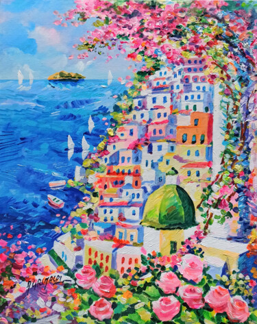Painting titled "Flowery sea town -…" by Alfredo Grimaldi, Original Artwork, Oil Mounted on Wood Stretcher frame