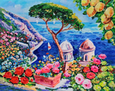 Картина под названием "Seaside with flower…" - Alfredo Grimaldi, Подлинное произведение искусства, Масло Установлен на Дерев…