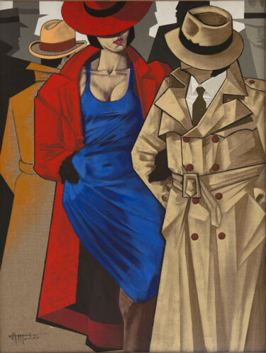 Schilderij getiteld "Mujer con abrigo y…" door Alfredo Montaña, Origineel Kunstwerk, Olie Gemonteerd op Frame voor houten br…