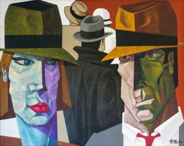 Pintura intitulada "Rostros con Sombrer…" por Alfredo Montaña, Obras de arte originais, Óleo Montado em Armação em madeira