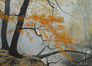 Painting titled "AUTUNNO SUL LAGO" by Alfredo Perrotti, Original Artwork, Oil Mounted on Wood Panel
