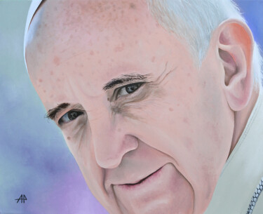 Painting titled "PAPA FRANCESCO" by Alfredo Perrotti, Original Artwork, Oil Mounted on Wood Stretcher frame