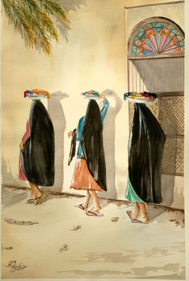 Painting titled "Villagers" by Ali Ahmadi, Original Artwork, Watercolor