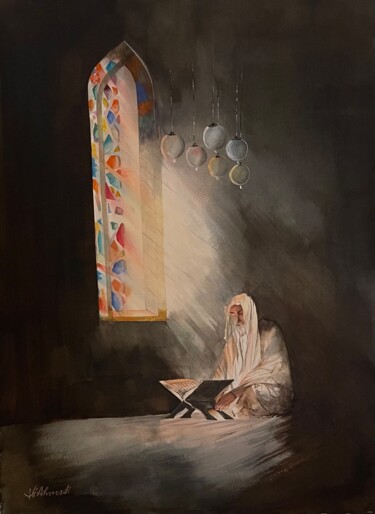 Malerei mit dem Titel "Qura'an Reciter" von Ali Ahmadi, Original-Kunstwerk, Aquarell