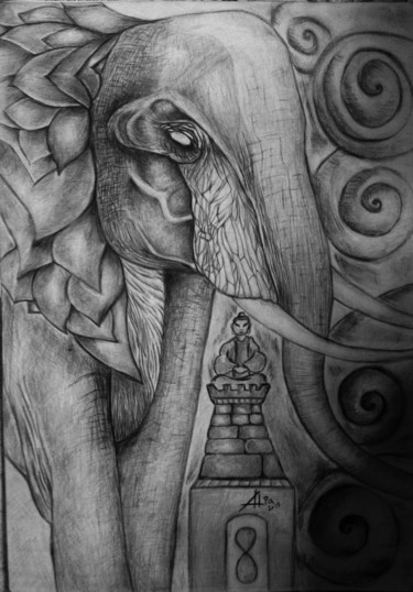 Dessin intitulée "The elephant king.j…" par Alia Beydoun, Œuvre d'art originale, Fusain