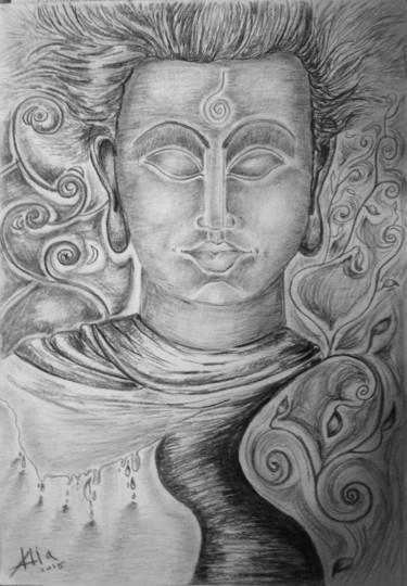 Zeichnungen mit dem Titel "Buddha meditating" von Alia Beydoun, Original-Kunstwerk, Kohle
