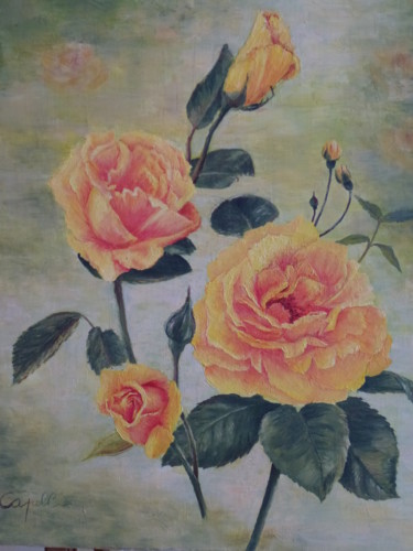 Painting titled "Roses jaunes" by Alice Capelli, Original Artwork, Oil