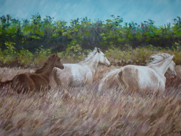 Painting titled "Chevaux dans l'herbe" by Alice Capelli, Original Artwork, Oil