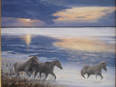 Painting titled "Chevaux au coucher…" by Alice Capelli, Original Artwork, Oil