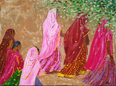 Ζωγραφική με τίτλο "Indiennes à Pushkar" από Alice Queffelec, Αυθεντικά έργα τέχνης, Λάδι