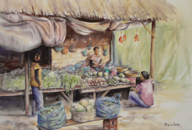 Malerei mit dem Titel "Marché au Cambodge" von Alice Quillévéré, Original-Kunstwerk, Aquarell