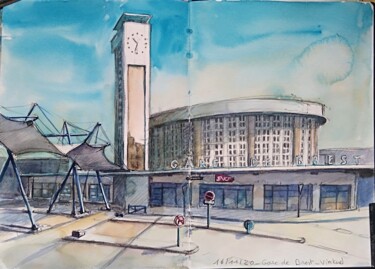 Painting titled "Croquis-La gare de…" by Alice Quillévéré, Original Artwork, Watercolor