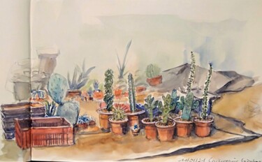 Painting titled "Croquis- la cactuse…" by Alice Quillévéré, Original Artwork, Watercolor