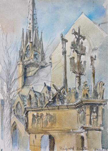 Malerei mit dem Titel "Croquis-L'Eglise et…" von Alice Quillévéré, Original-Kunstwerk, Aquarell