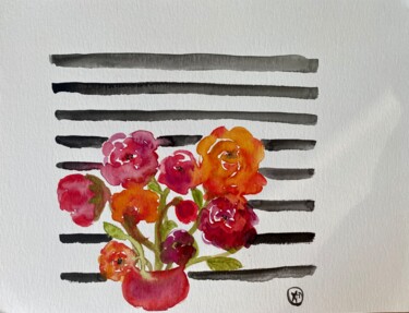 Pintura intitulada "Stripes & Roses 1" por Alice Debernard, Obras de arte originais, Aquarela