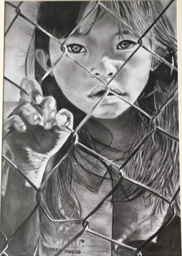 Peinture intitulée "Asian girl" par Hakan Oğuz, Œuvre d'art originale, Fusain