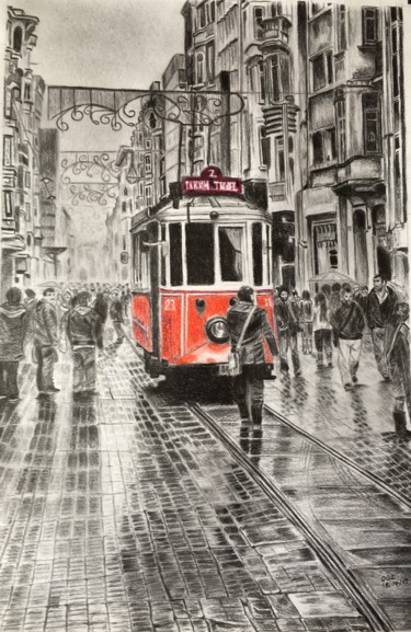 Painting titled "Rainy day in Beyoğlu" by Hakan Oğuz, Original Artwork, Charcoal Mounted on Wood Panel