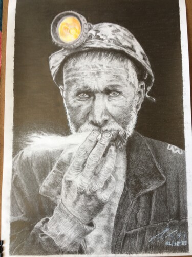 Painting titled "Miner" by Hakan Oğuz, Original Artwork, Charcoal