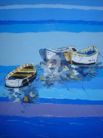 Peinture intitulée "Лодки в бухте." par Alik Vetrof, Œuvre d'art originale, Huile