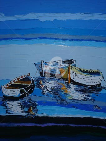 Картина под названием "Лодки в бухте с при…" - Alik Vetrof, Подлинное произведение искусства, Масло