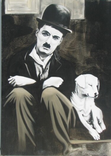 Картина под названием "Чарли с собакой" - Алиханов, Подлинное произведение искусства, Масло