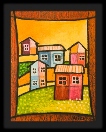 Painting titled "Farm Houses I" by Aliki, Original Artwork, Pastel