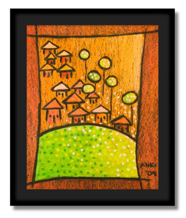 Painting titled "Farm Houses III" by Aliki, Original Artwork, Pastel