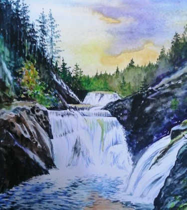 Картина под названием "Водопад "Кивач", Ка…" - Майя Камалдинова, Подлинное произведение искусства, Акварель