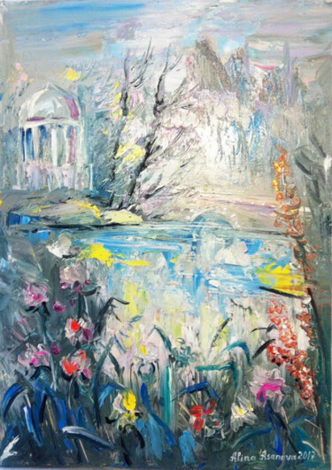 Картина под названием "Беседка на пруду. Т…" - Alina Asanova, Подлинное произведение искусства, Масло