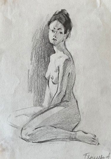 Картина под названием "Сидящая девушка" - Алина Буглеева, Подлинное произведение искусства, Карандаш