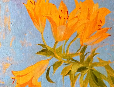Картина под названием "Лилии на фоне неба" - Алина Буглеева, Подлинное произведение искусства, Масло