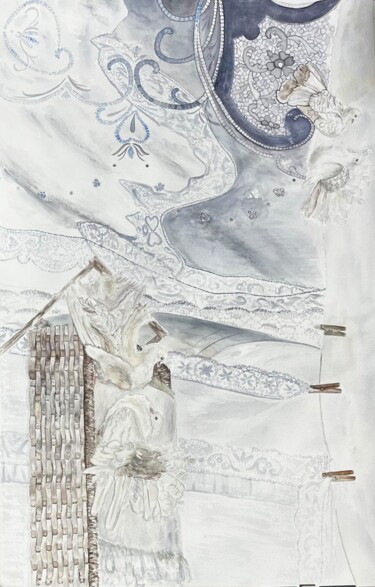 Pintura titulada "Doves in the laundry" por Alina Buslova, Obra de arte original, Acuarela