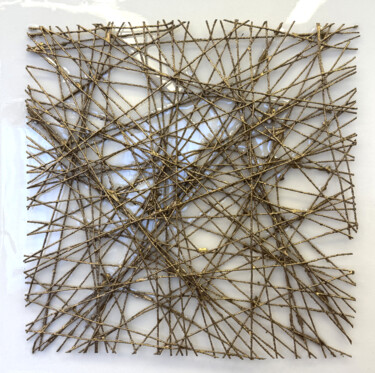 Painting titled "Golden Threads Pane…" by Alina Chalaya, Original Artwork, Thread Mounted on Other rigid panel
