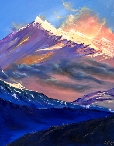Painting titled "Vivid mountains - l…" by Alina Chalaya, Original Artwork, Oil Mounted on Wood Stretcher frame