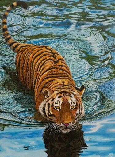 Painting titled "Тигр в воде" by Alina Garifullina, Original Artwork, Acrylic