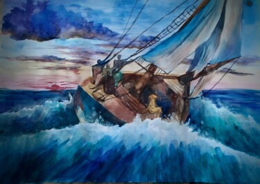 Pintura intitulada "Крушение корабля" por Alina Gelman, Obras de arte originais, Aquarela