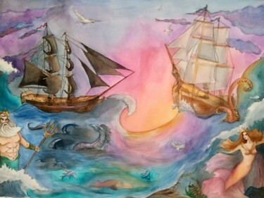 Painting titled "Океан мыслей" by Alina Gelman, Original Artwork, Watercolor