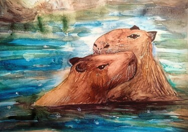 Картина под названием "Capybaras" - Alina Gelman, Подлинное произведение искусства, Акварель