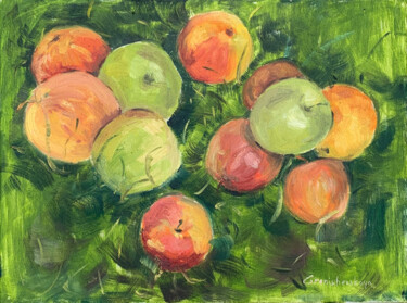 Painting titled "apples" by Alina Granishevskaia, Original Artwork, Oil Mounted on Wood Stretcher frame