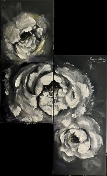 Peinture intitulée "White roses" par Alina Lidia Tanase, Œuvre d'art originale, Huile Monté sur Panneau de bois