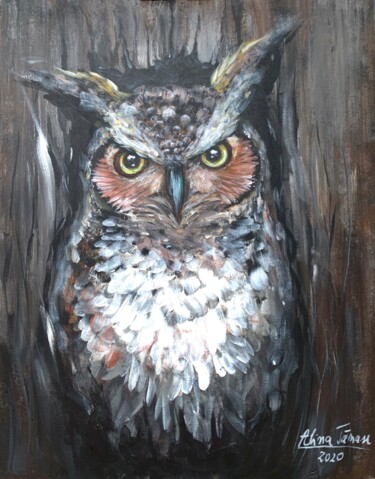 Painting titled "Old King Owl" by Alina Lidia Tanase, Original Artwork, Acrylic Mounted on Wood Panel