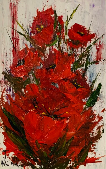 Painting titled "Wild Roses" by Alina Lidia Tanase, Original Artwork, Oil Mounted on Wood Panel